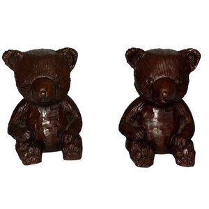 2 Twin Bear Cub Figurine 1986 Carved Pecan Shell Resin Red Mill Mfg Co 4"